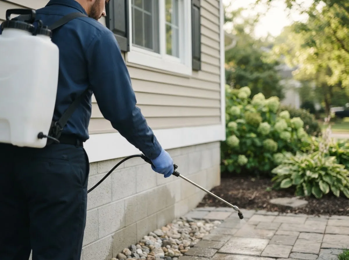 Pest control technician inspecting a home in Hobson, TX